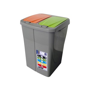 Cestino t.b.t. grigio con coperchio arancione e verde per la raccolta differenziata.