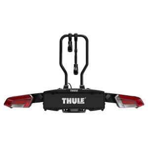 Portabici Thule per auto, montaggio su gancio traino, con luci posteriori.