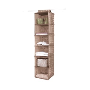 Organizzatore appendiabiti beige con 6 scomparti per vestiti.