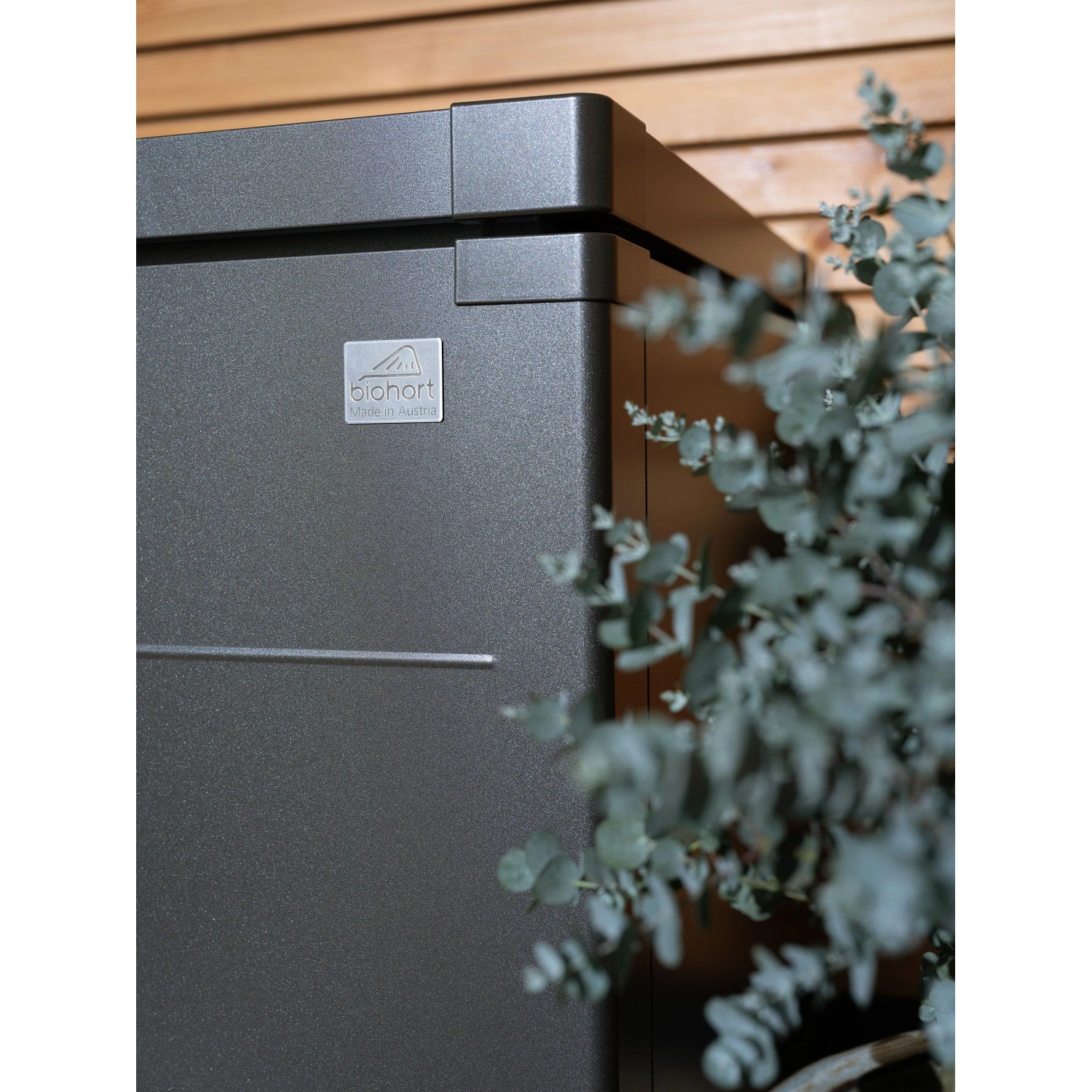 Dettaglio della Biohort StyleBox 170 box universale grigio scuro metallizzato, con logo, su parete in legno e pianta.