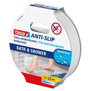 Nastro adesivo antiscivolo Tesa per bagno e doccia, trasparente, 5m x 25mm.