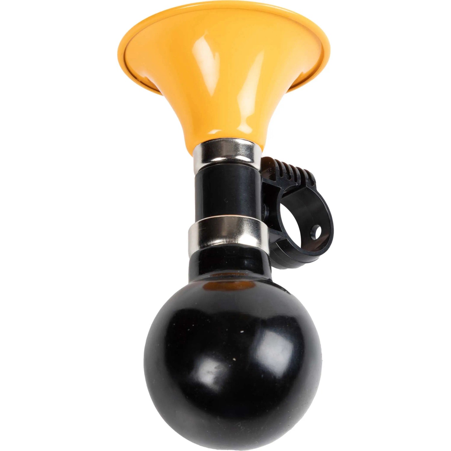 Clacson bici con imbuto giallo e sfera nera, accessorio per manubrio.