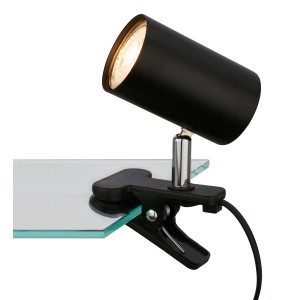 Faretto a clip in metallo nero, ideale come spot flessibile.