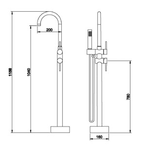 Disegno tecnico di un rubinetto per vasca t.b.t. con dimensioni.