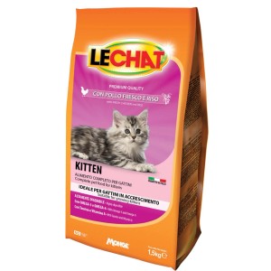 LeChat Kitten cibo secco per gatti con pollo e riso, confezione da 1,5kg.