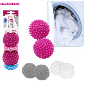t.b.t. Palline per asciugatrice rosa, grigie e bianche.