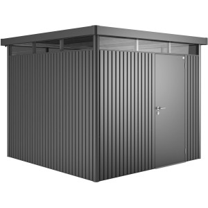 Casetta da giardino in metallo Biohort HighLine, grigio scuro metallizzato, con porta singola. Casetta per giardino e attrezzi.