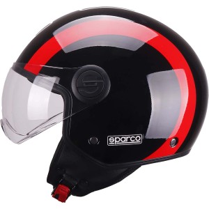 Casco da moto nero con striscia rossa e visiera di Sparco.