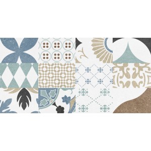 Piastrelle decorative da rivestimento con vari motivi nei toni del blu, beige e marrone.