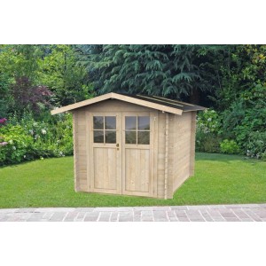 Casetta da giardino in legno chiara Madame 215x180 cm con doppia porta e finestre, perfetta per attrezzi.