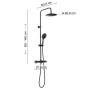 Colonna doccia nera con soffione e doccetta, dimensioni indicate.