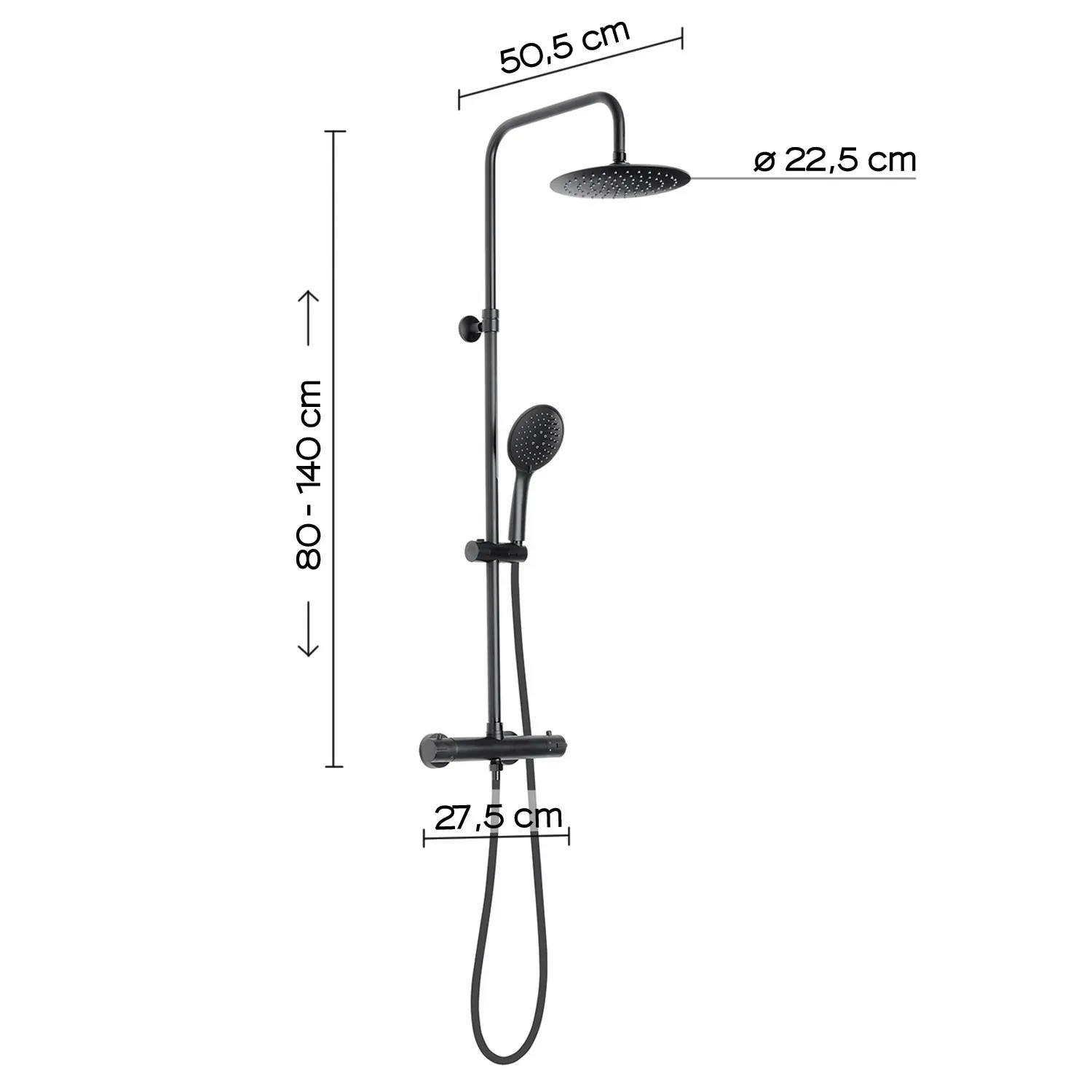 Colonna doccia nera con soffione e doccetta, dimensioni indicate.