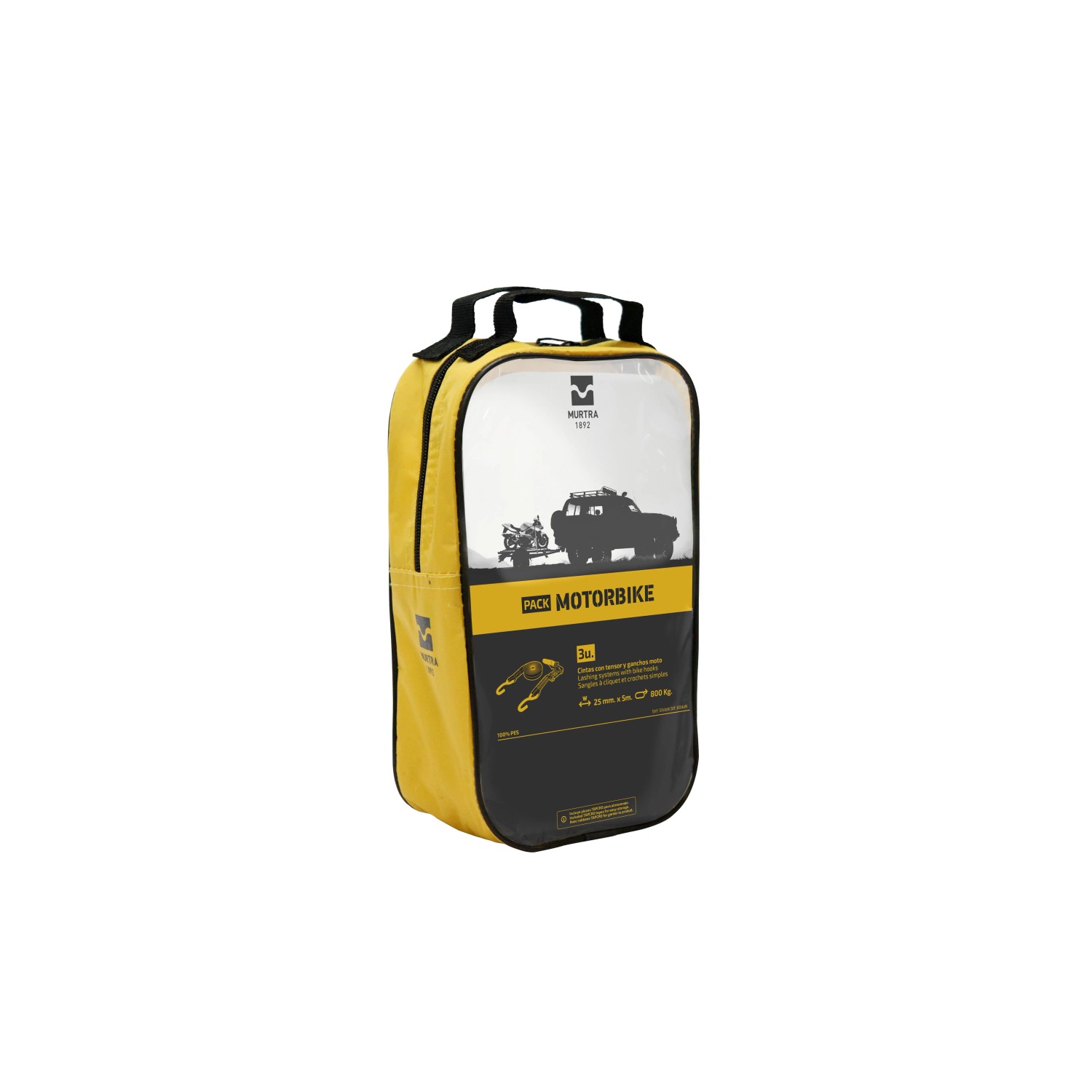 Borsa gialla con cinghie di fissaggio per moto e set di tensionamento per il fissaggio del carico.
