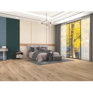 Pavimento vinilico chiaro in camera da letto con letto e finestra. Ideale per un'abitazione moderna.