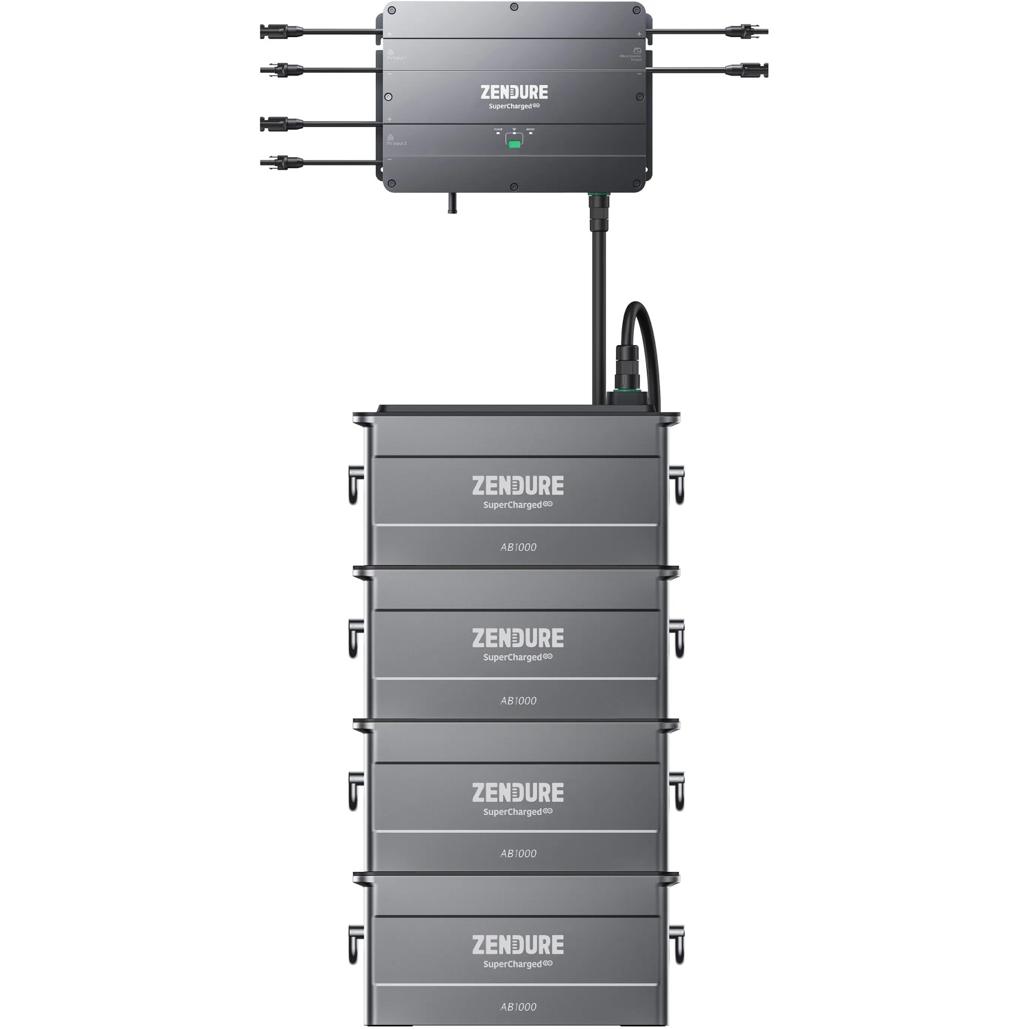 Batteria Zendure SolarFlow AB1000 per impianto fotovoltaico da balcone, 960 Wh, moduli grigi impilati.