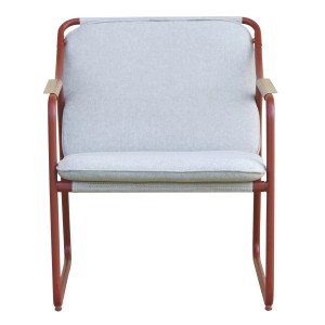 Poltrona da giardino t.b.t. con cuscino grigio e struttura rossa.