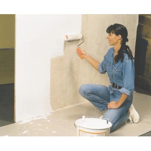 Donna dipinge parete con rullo, carta protettiva LUX copre il pavimento.