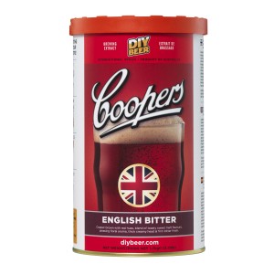 Kit per birra Coopers English Bitter, etichetta rossa e bianca con Union Jack. Per birraioli amatoriali.