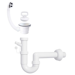Sifone bianco per lavabo, raccordo di scarico e tubo di troppo pieno.