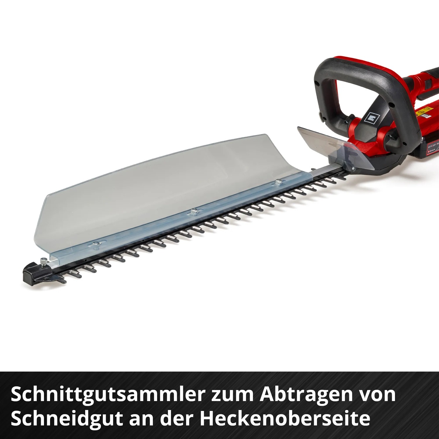 Tagliasiepi a batteria Einhell GC-CH 1855/1 Li Kit (rosso-nero) con raccoglitore di ritagli.