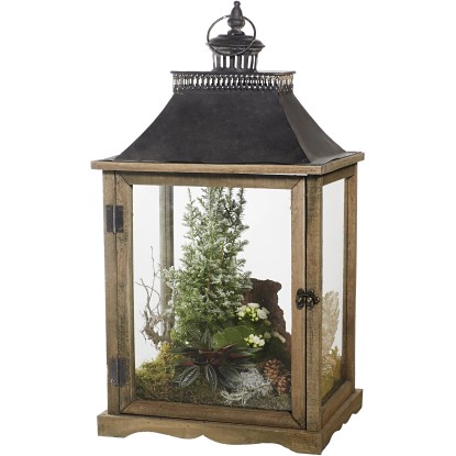 Composizione natalizia 2 piante in lanterna in legno con decorazioni