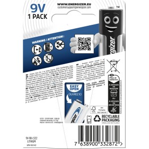 Batteria Energizer Ultimate Lithium 9V, confezione singola. Batteria al litio a lunga durata per rilevatori di fumo e dispositivi audio.