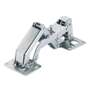 Cerniera a grande angolo Hettich in acciaio nichelato per mobili.