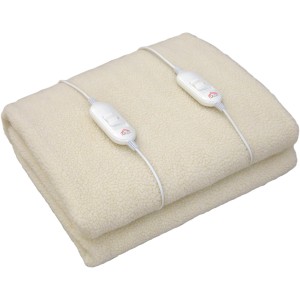 Coperta elettrica beige con due comandi per la regolazione della temperatura.