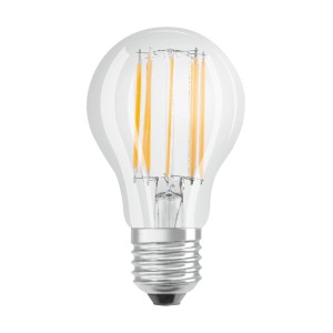 Lampadina LED Osram E27, 12W, forma a filamento trasparente, luce bianca calda.