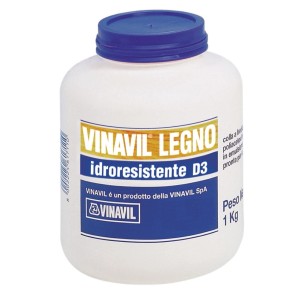 Contenitore bianco con coperchio blu, contiene colla per legno Vinavil Legno.