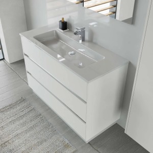 Mobile bagno t.b.t. bianco con tre cassetti e lavabo da appoggio.