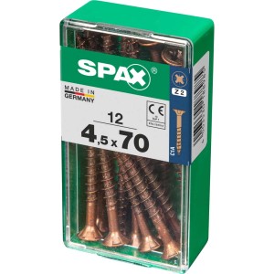 Viti per legno SPAX 4,5x70 mm in contenitore di plastica verde.