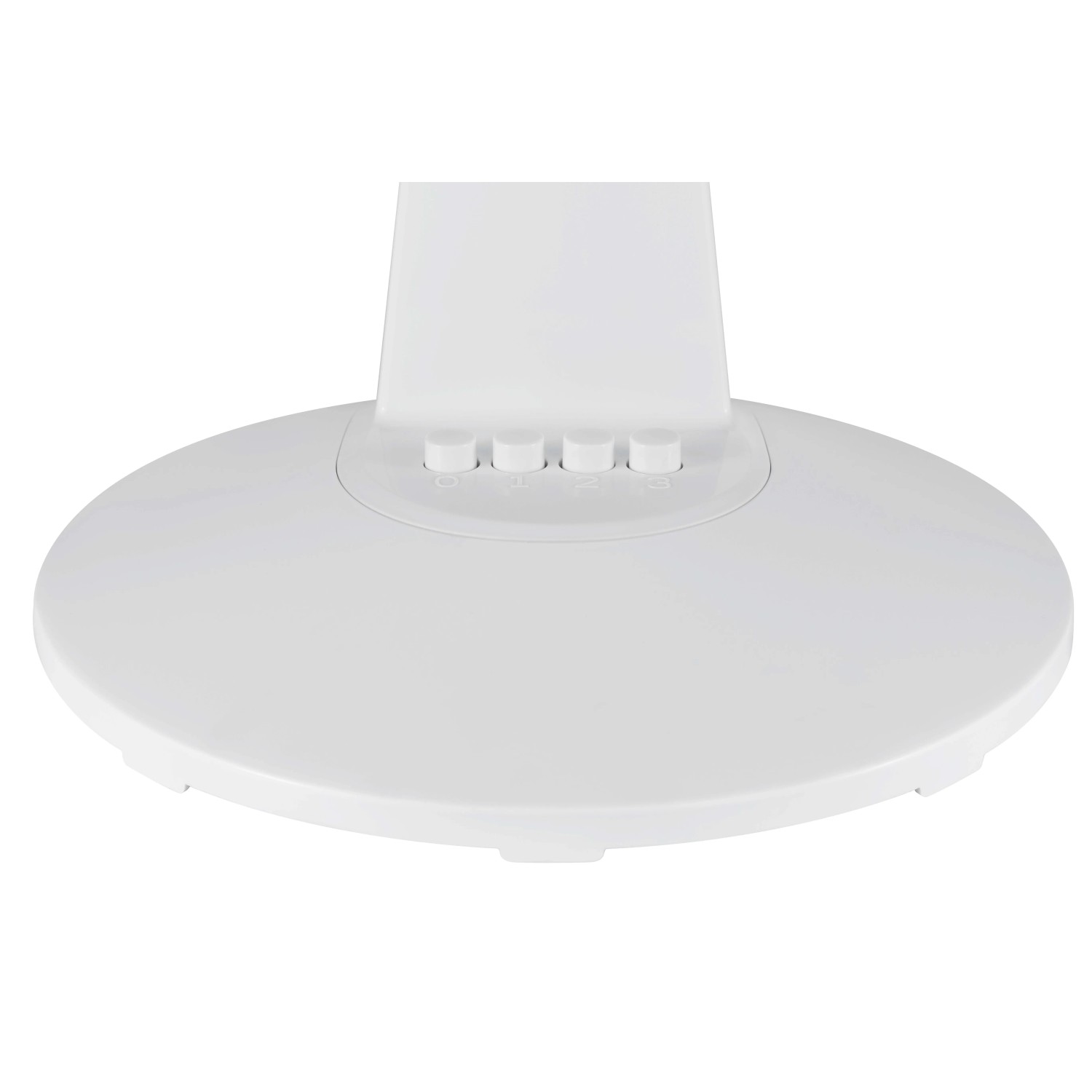 Dettaglio della base bianca di un ventilatore con interruttori.