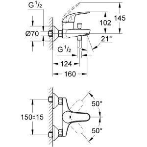 Disegno tecnico: Miscelatore monocomando per vasca Grohe QuickFix Start Eco cromo con dimensioni.
