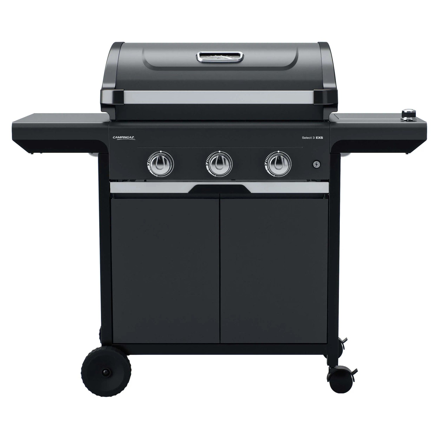 Barbecue a gas nero con tre bruciatori e ripiani laterali.