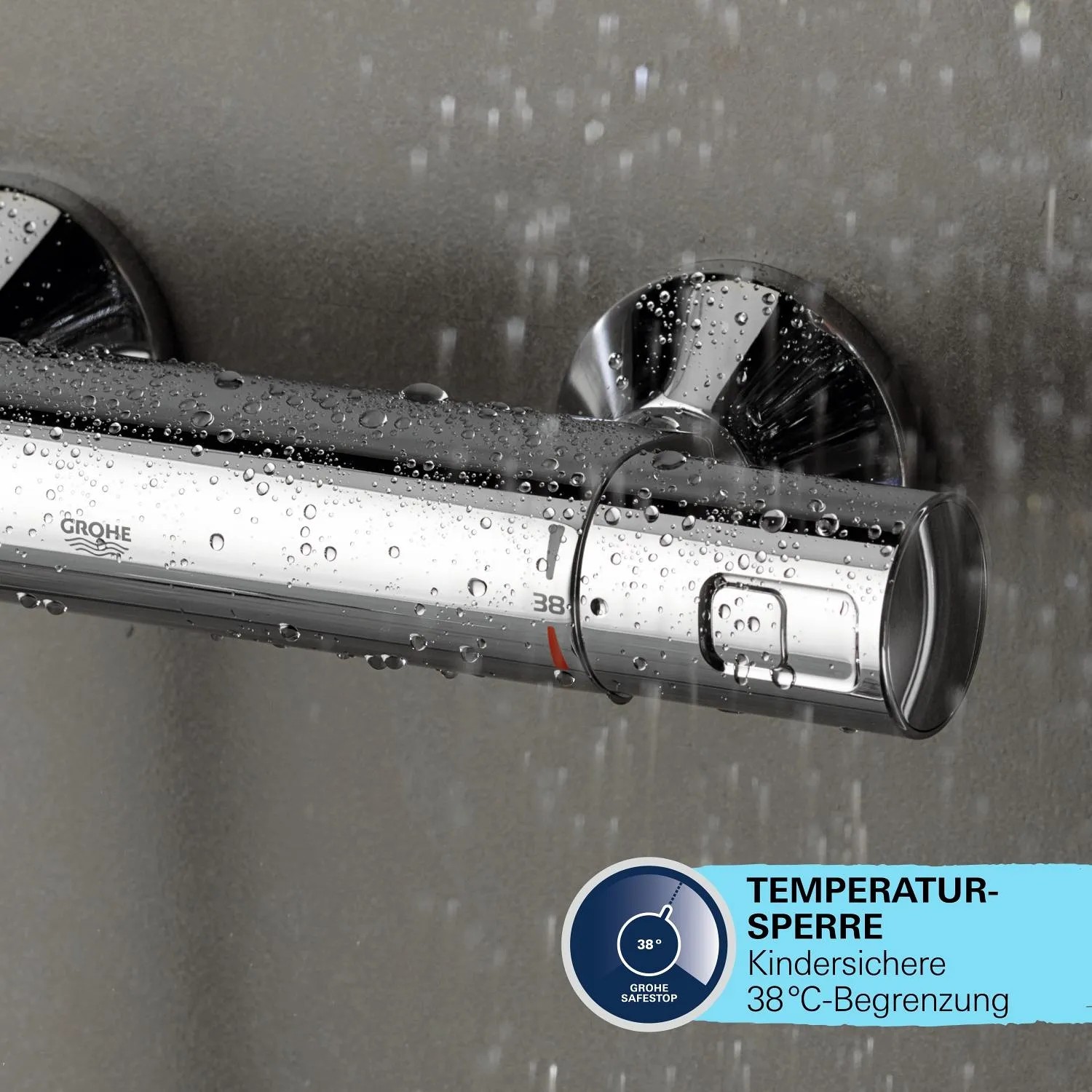Termostato Grohe del sistema doccia Vitalio Start 250 cromo con limitatore di temperatura a 38°C.