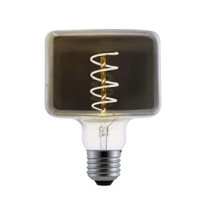 Lampadina LED E27 quadrata con vetro fumé e filamento a spirale.