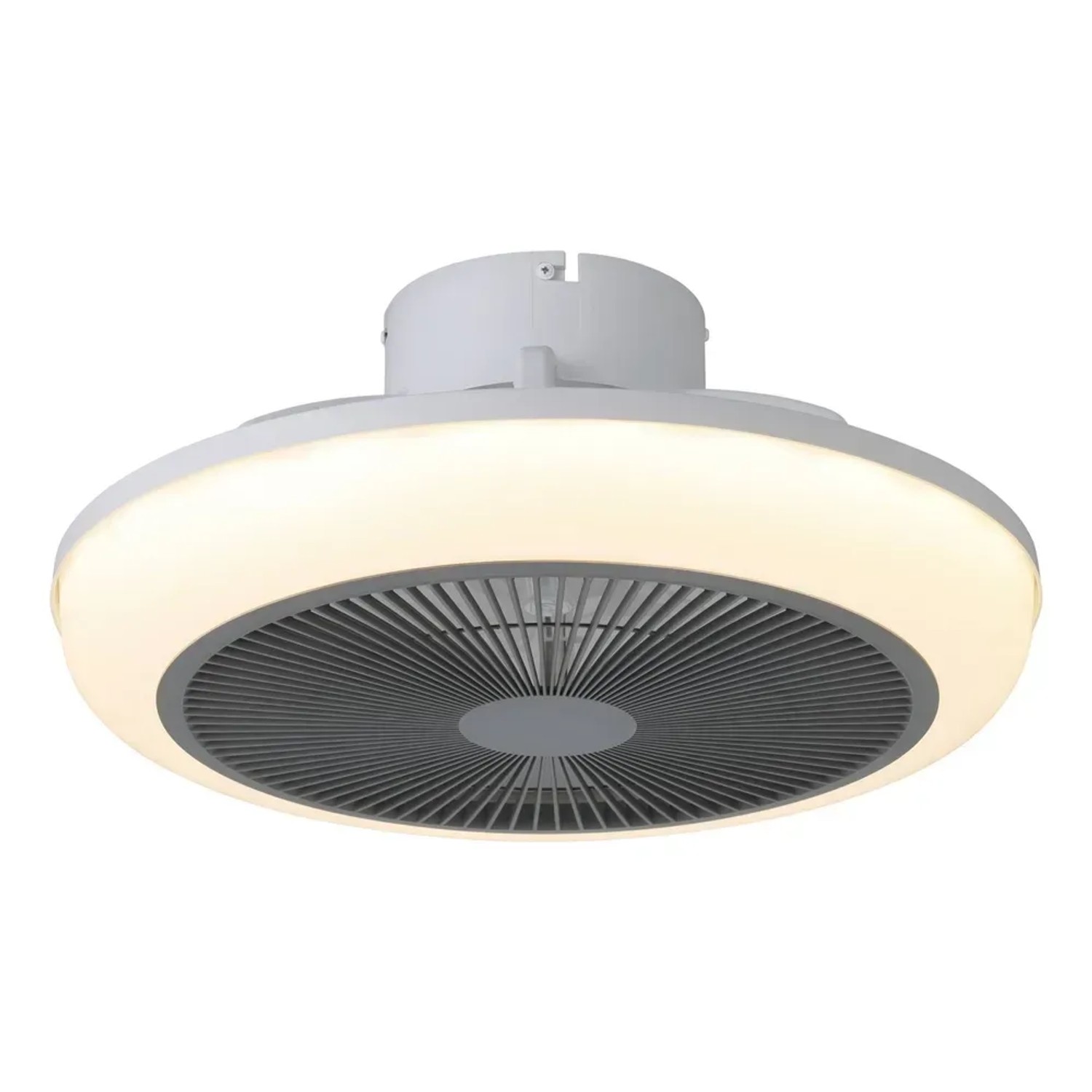 Plafoniere LED moderna t.b.t. con ventilatore integrato in bianco e grigio.