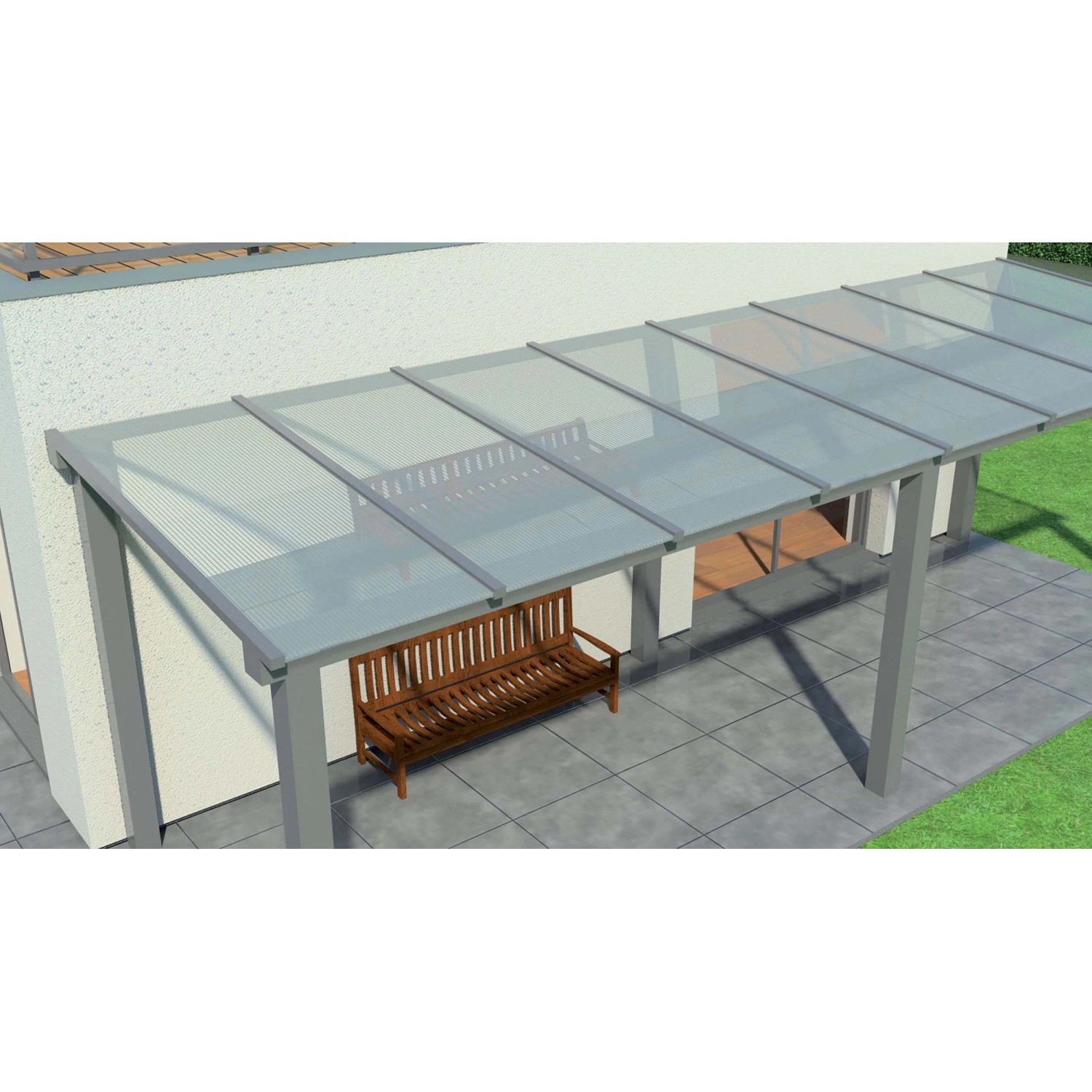Copertura per patio con lastre di plastica trasparenti e panca. Coperture plastiche e lastre alveolari.