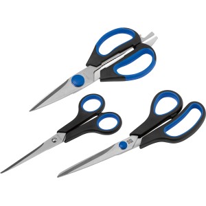 Set di forbici LUX, 3 pezzi: forbici in acciaio inox di varie dimensioni con manici blu e neri.