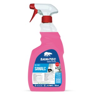 Flacone spray rosa Sanitec Sanialc per pulizia e igiene.