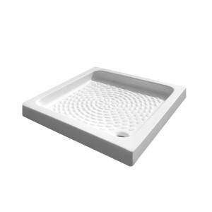 Piatto doccia quadrato bianco con motivo nel bacino.