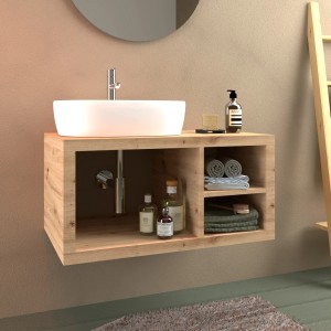 t.b.t. Mobile bagno in legno con lavabo d'appoggio e vani portaoggetti.