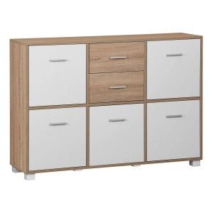 Mobile soggiorno t.b.t. con ante bianche e cassetti effetto legno.