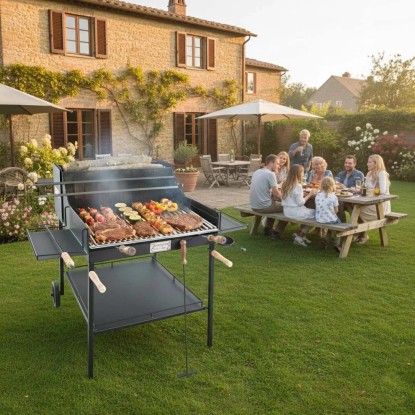 Barbecue a carbone e legna Fuocone Umbria nero con ripiano laterale
