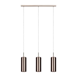 Moderna lampada a sospensione t.b.t. con tre paralumi cilindrici color rame.