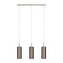 Moderna lampada a sospensione t.b.t. con tre paralumi cilindrici color rame.