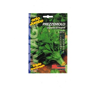 Confezione di semi di prezzemolo 'Gigante di Napoli' per erbe aromatiche in giardino.