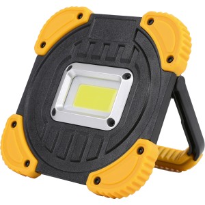 Lampada da lavoro COB-LED nera con dettagli gialli e supporto. 600 lumen, ideale per officina e cantiere.