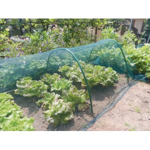 Rete di protezione verde sopra l'orto in giardino. Protezione dai parassiti con t.b.t.